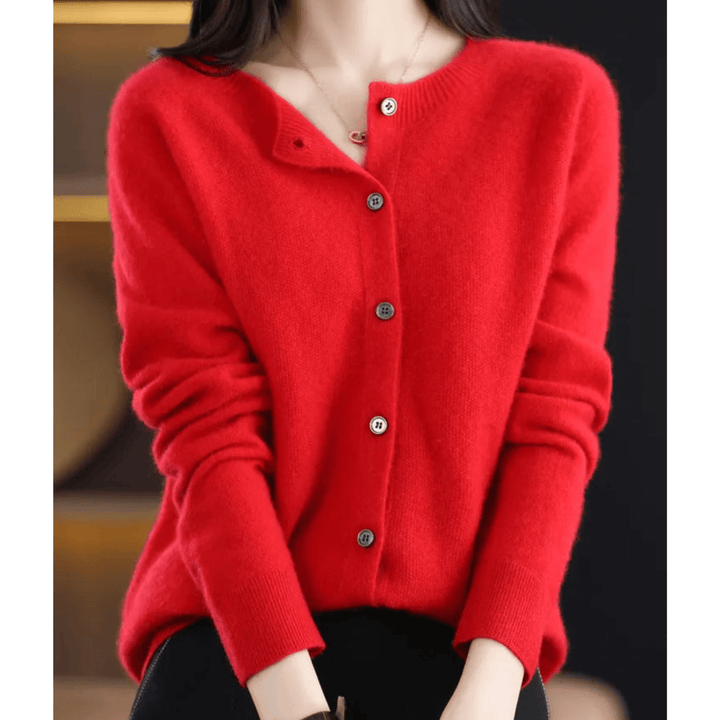 Women's O-neck cashmere-like wool sweater, full-length cardigan, button-down, tailored fit, classic V-neck style.