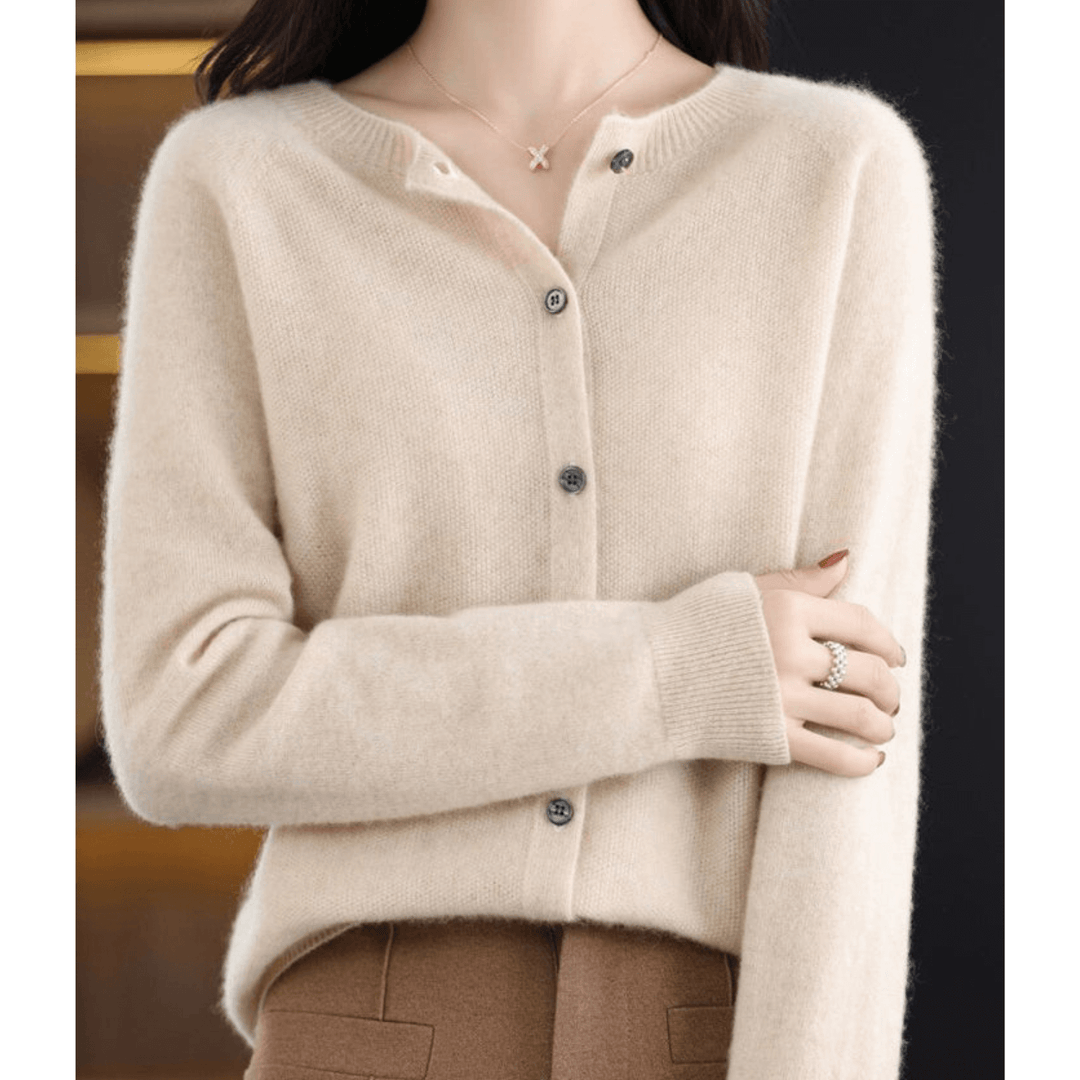 Women's O-neck cashmere-like wool sweater, full-length cardigan, button-down, tailored fit, classic V-neck style.