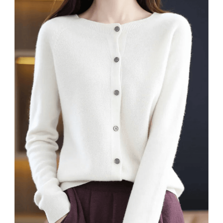 Women's O-neck cashmere-like wool sweater, full-length cardigan, button-down, tailored fit, classic V-neck style.