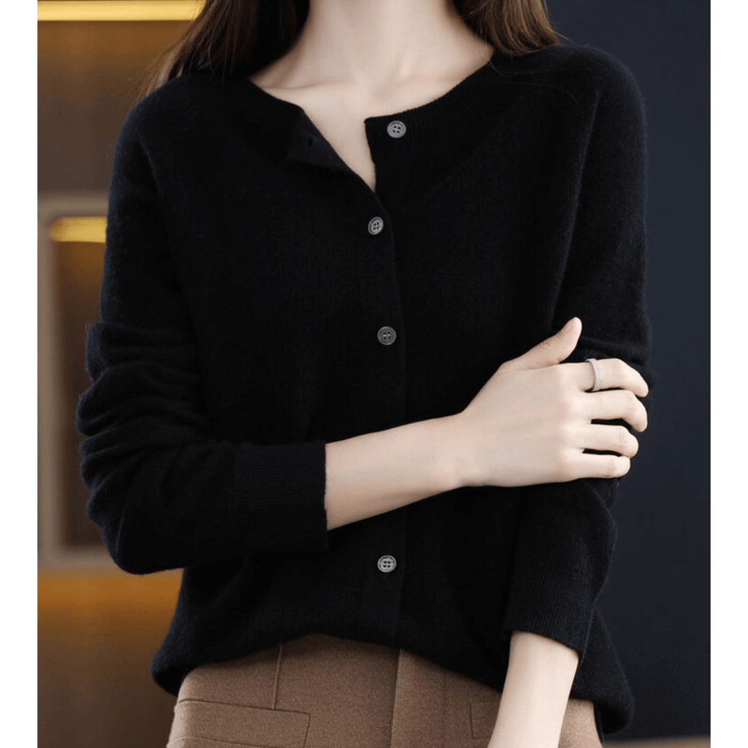 Women's O-neck cashmere-like wool sweater, full-length cardigan, button-down, tailored fit, classic V-neck style.