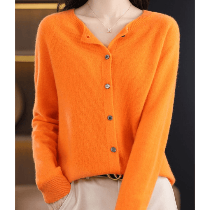 Women's O-neck cashmere-like wool sweater, full-length cardigan, button-down, tailored fit, classic V-neck style.