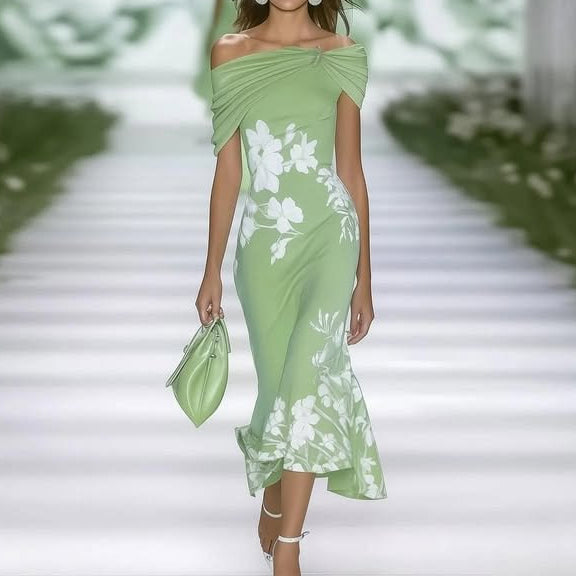 Women's off-shoulder floral midi dress with fitted waist, breathable fabric, and elegant print, perfect for special occasions