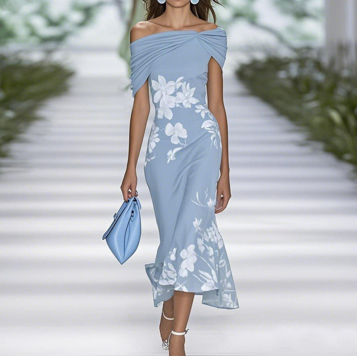 Women's off-shoulder floral midi dress with fitted waist, breathable fabric, and elegant print, perfect for special occasions