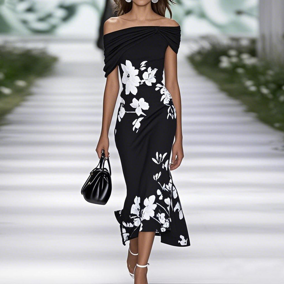 Women's off-shoulder floral midi dress with fitted waist, breathable fabric, and elegant print, perfect for special occasions