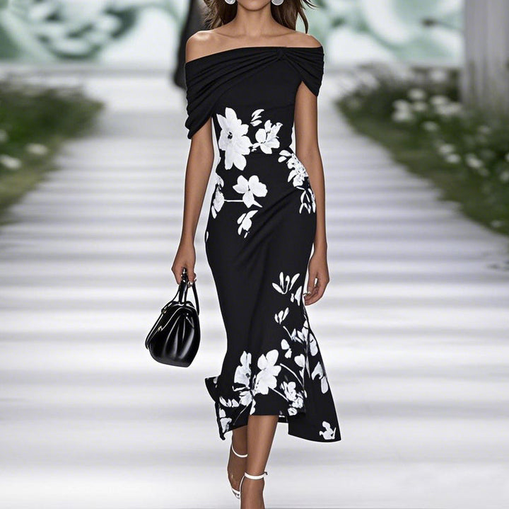 Women's off-shoulder floral midi dress with fitted waist, breathable fabric, and elegant print, perfect for special occasions