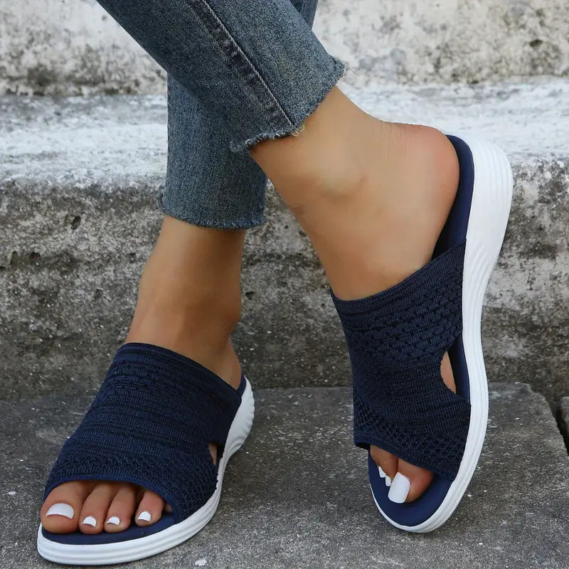 "Women's orthopedic open-toe knit sandals with contoured sole, stretch-knit upper, and slip-on design for comfort and style."