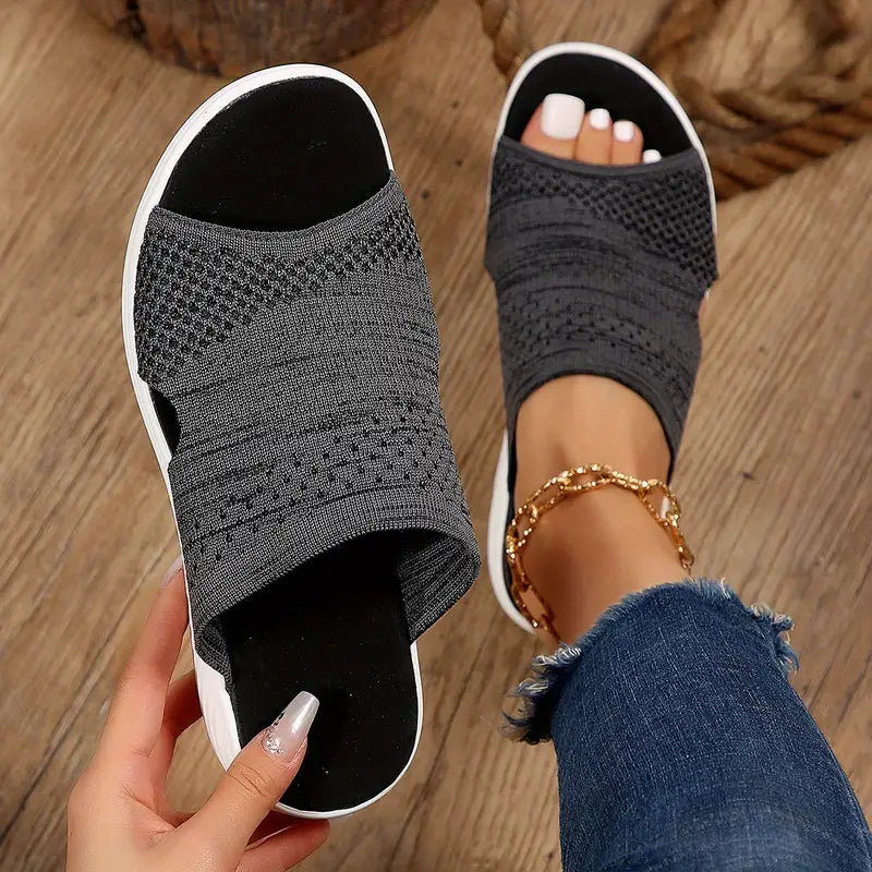 "Women's orthopedic open-toe knit sandals with contoured sole, stretch-knit upper, and slip-on design for comfort and style."