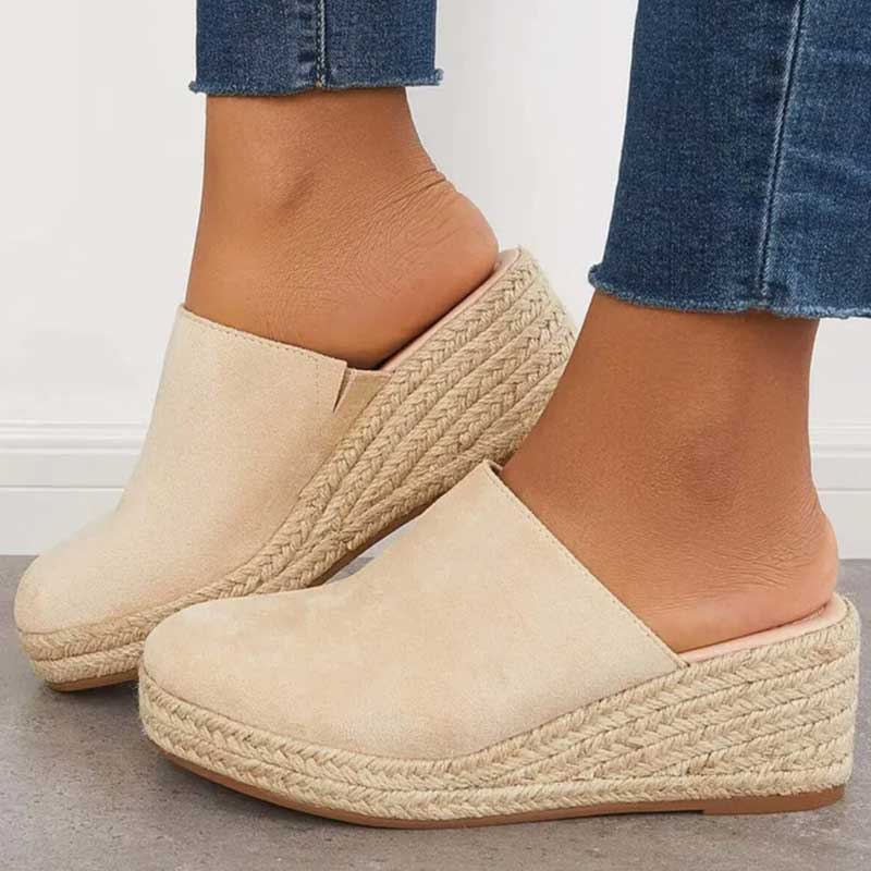 "Women's orthopedic wedge sandals, round toe, vegan suede, slip-on mule style, mid-height heel, chic beige design."