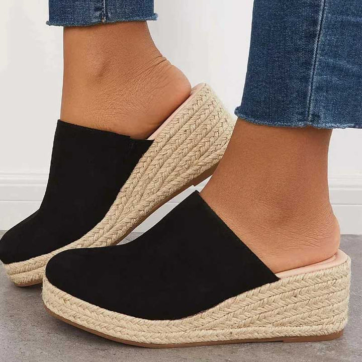 "Women's orthopedic wedge sandals, round toe, vegan suede, slip-on mule style, mid-height heel, chic beige design."