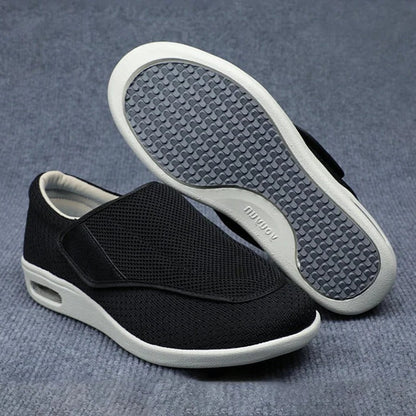 "Women's plus size breathable mesh wide shoes with spacious toe box and velcro closures, perfect for swollen feet comfort."