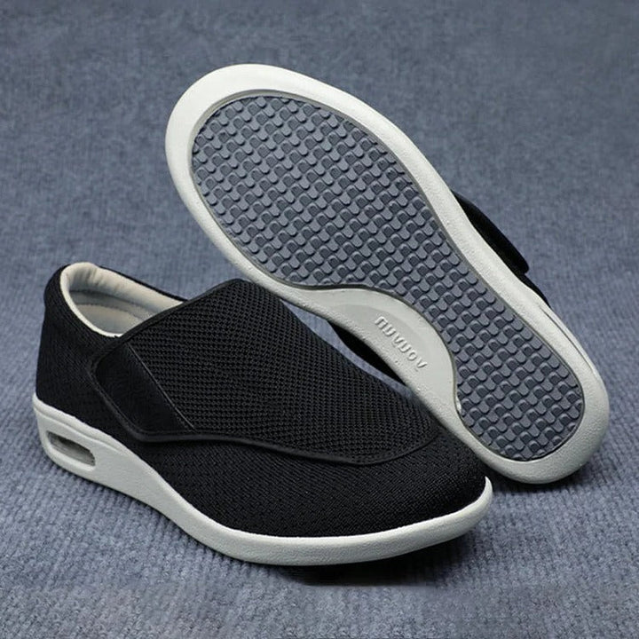 "Women's plus size breathable mesh wide shoes with spacious toe box and velcro closures, perfect for swollen feet comfort."