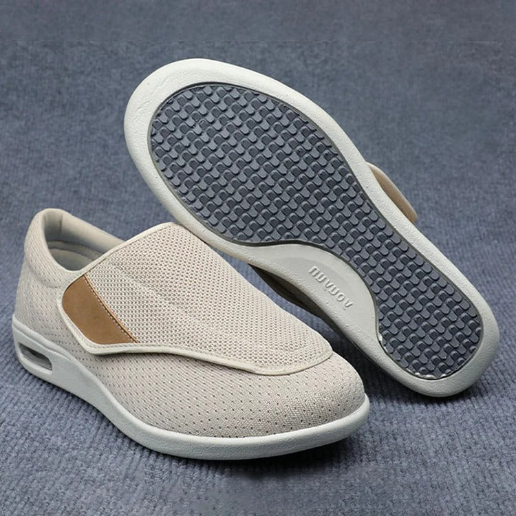 "Women's plus size breathable mesh wide shoes with spacious toe box and velcro closures, perfect for swollen feet comfort."