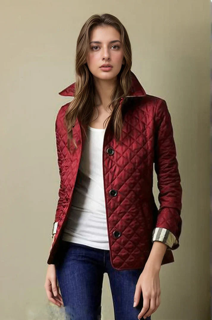 "Women's quilted button-up jacket with diamond pattern, perfect for lightweight warmth and stylish comfort in cooler weather.