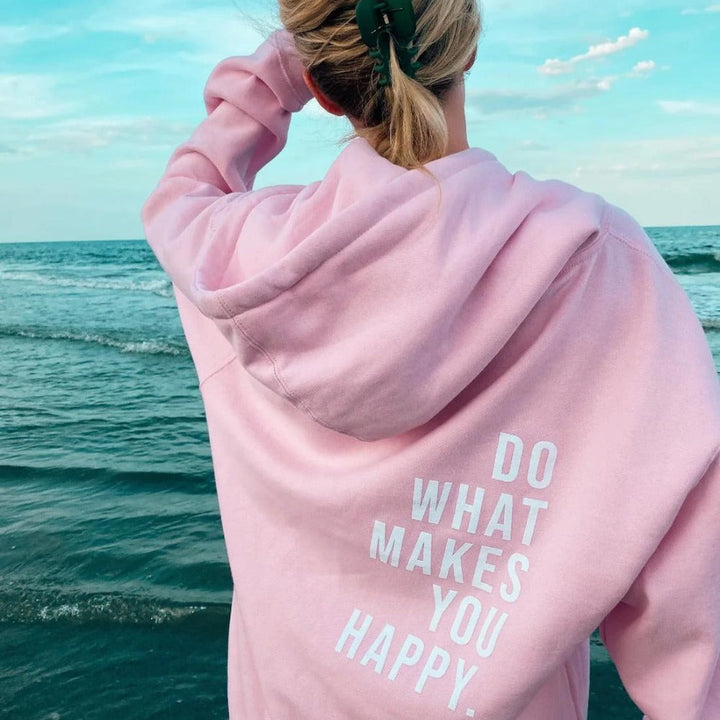 "Women's relaxed fit hoodie, soft cotton blend, drawstring hood, front view, casual and cozy style for all seasons."
