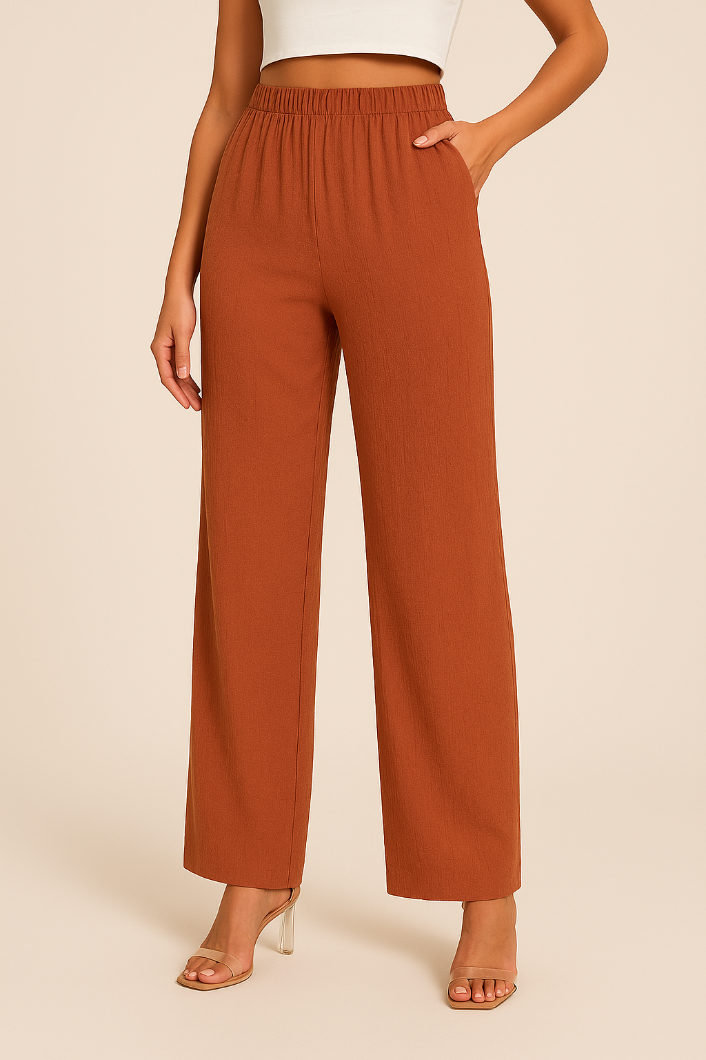 Women's relaxed fit straight-leg trousers with elastic waistband, breathable cotton-linen blend, in black, navy blue, brick r