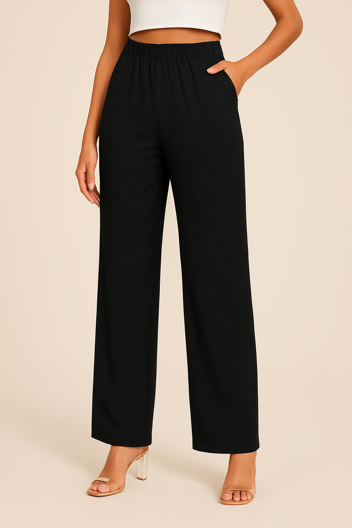 Women's relaxed fit straight-leg trousers with elastic waistband, breathable cotton-linen blend, in black, navy blue, brick r