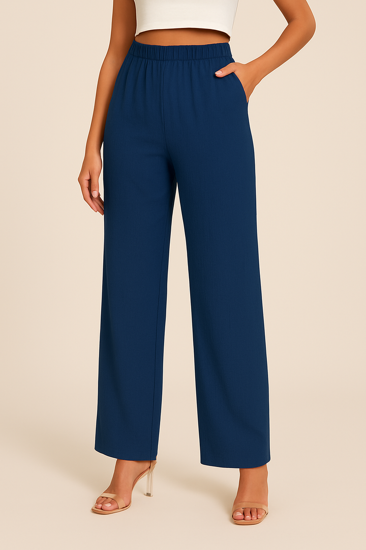 Women's relaxed fit straight-leg trousers with elastic waistband, breathable cotton-linen blend, in black, navy blue, brick r