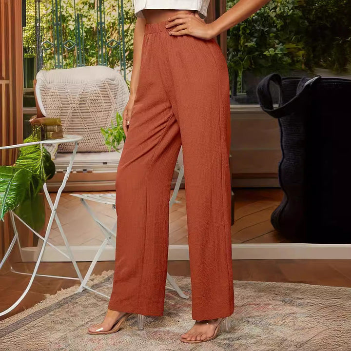 Women's relaxed fit straight-leg trousers with elastic waistband, breathable cotton-linen blend, in black, navy blue, brick r