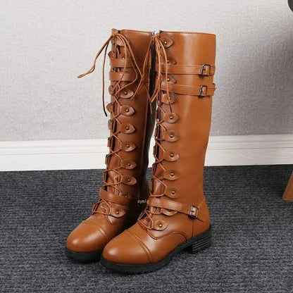 "Women's retro lace-up knee-high boots with chic buckle accents, shown in a stylish vintage design ideal for fall wear."