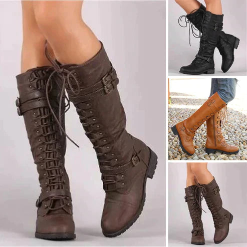 "Women's retro lace-up knee-high boots with chic buckle accents, shown in a stylish vintage design ideal for fall wear."