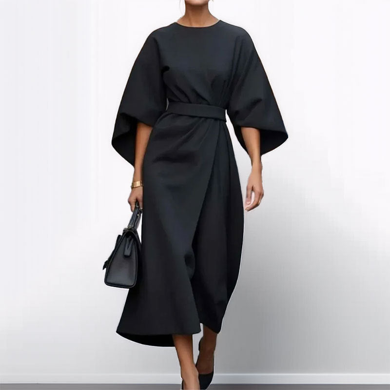 Women's satin batwing maxi dress, elegant draped silhouette, fitted waist, flowing skirt, perfect for formal occasions.
