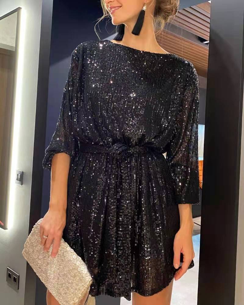 Women's sequin mini dress with belt, shimmering sequins, front view, perfect for parties and elegant occasions.