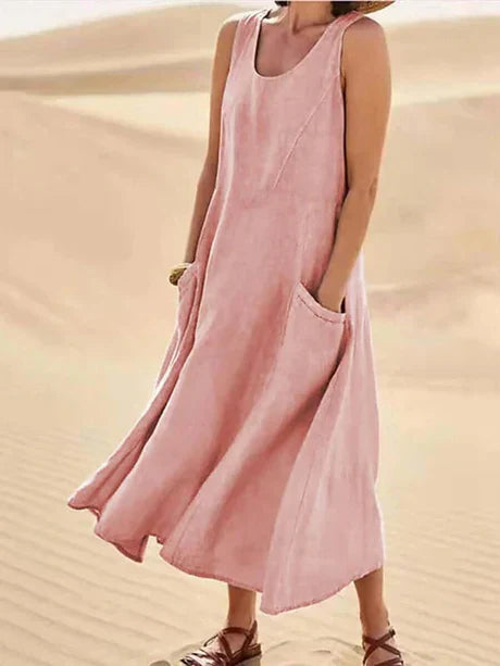 Women's sleeveless cotton linen midi dress, summer style, lightweight, relaxed fit with pockets, perfect for casual days.