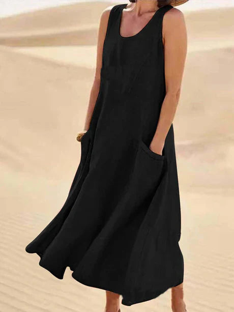 Women's sleeveless cotton linen midi dress, summer style, lightweight, relaxed fit with pockets, perfect for casual days.