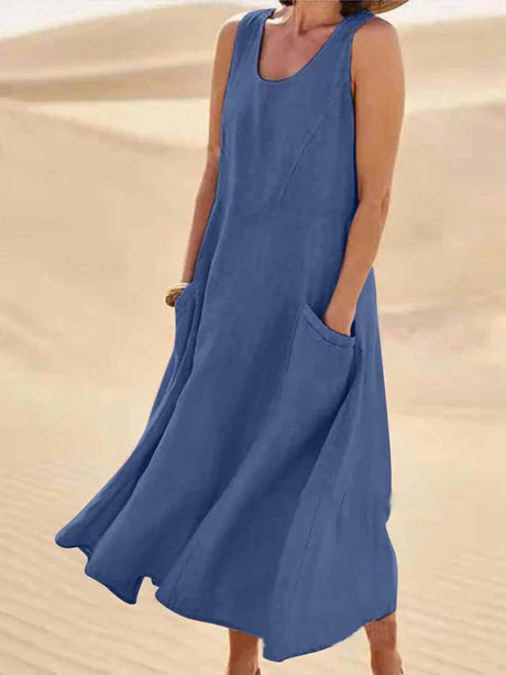 Women's sleeveless cotton linen midi dress, summer style, lightweight, relaxed fit with pockets, perfect for casual days.