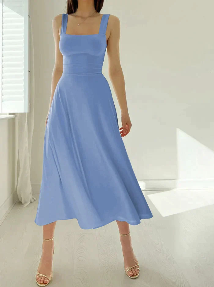 "Women's sleeveless dress, elegant design, flattering silhouette in black, baby blue, turquoise; perfect for any occasion."