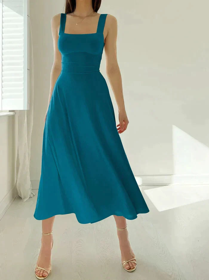 "Women's sleeveless dress, elegant design, flattering silhouette in black, baby blue, turquoise; perfect for any occasion."