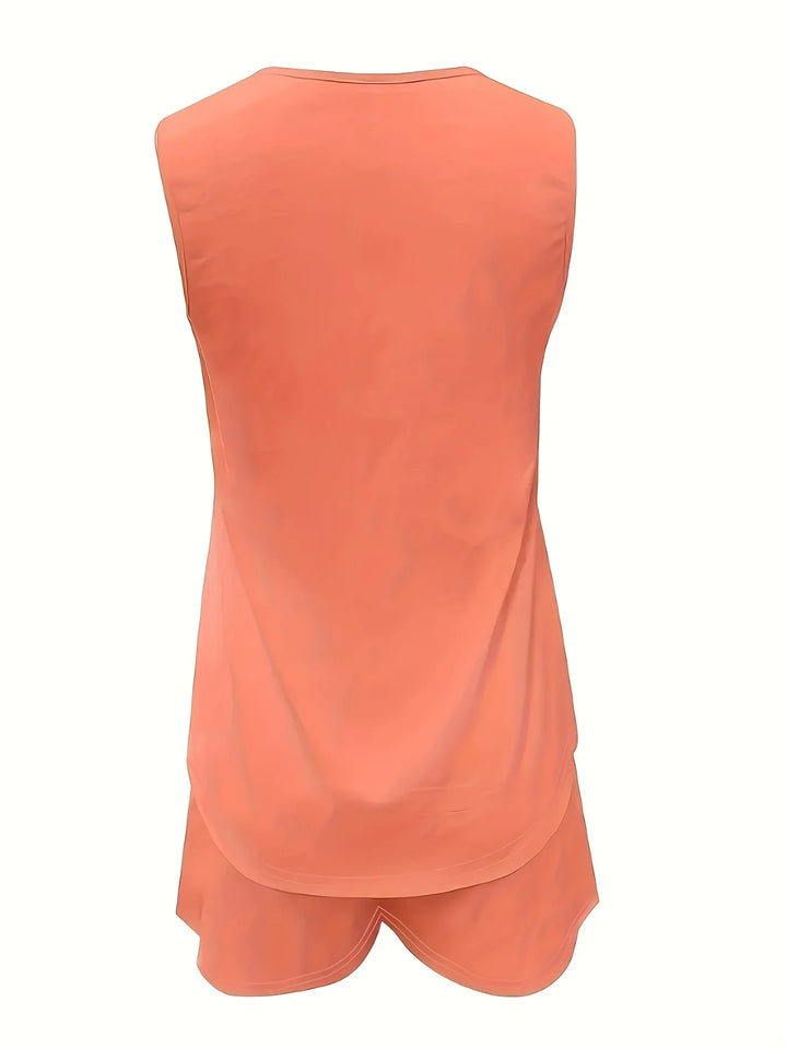 "Women's sleeveless romper with ring strap, pockets; elegant summer jumpsuit, lightweight fabric for chic, relaxed outings."