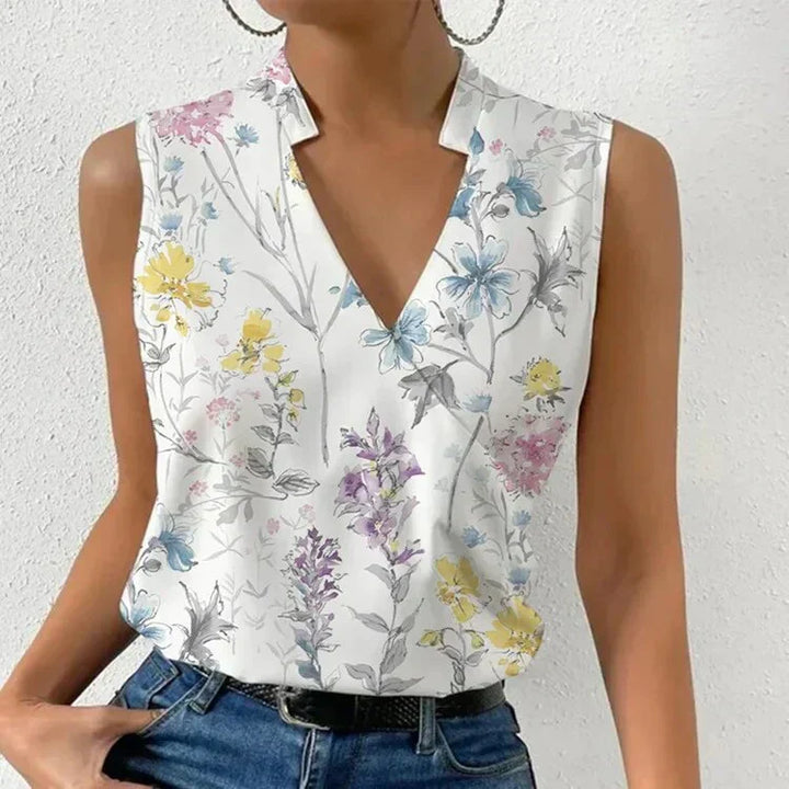"Women's sleeveless summer blouse, white, chic and versatile design, perfect for casual or dressy occasions, breathable fabri