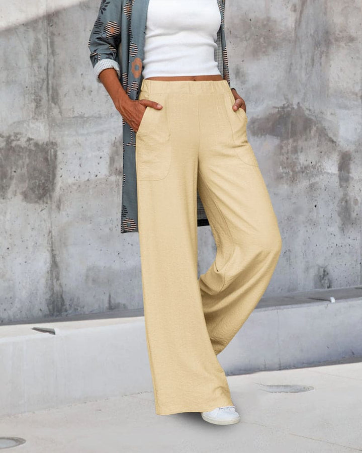 Women's soft casual wide-leg trousers with elastic waistband; relaxed fit, chic silhouette, perfect for lounging or outings.