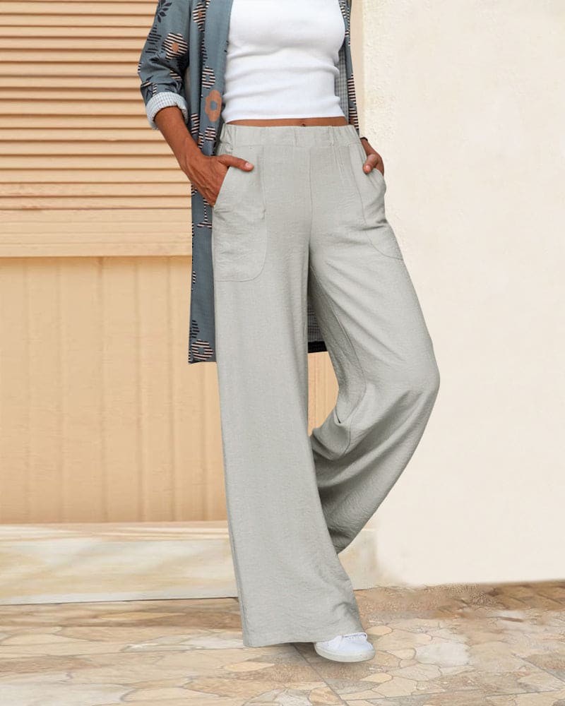 Women's soft casual wide-leg trousers with elastic waistband; relaxed fit, chic silhouette, perfect for lounging or outings.