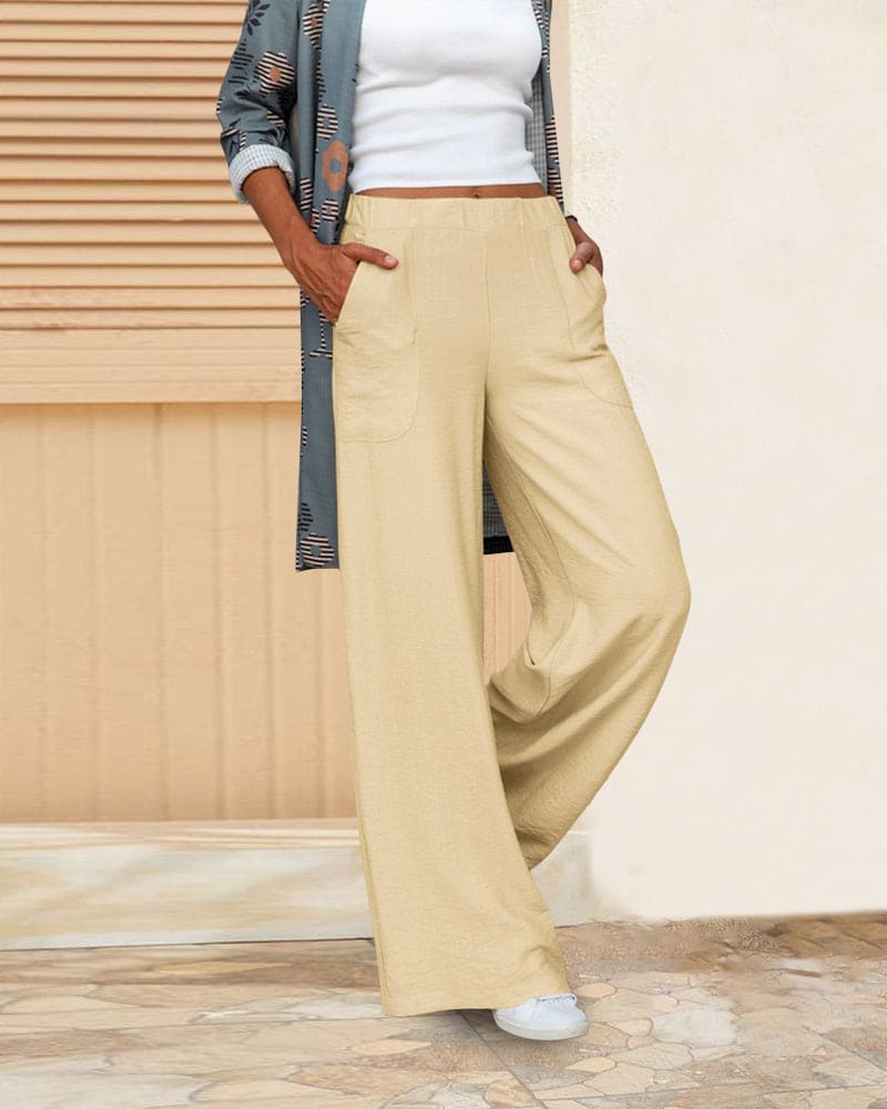 Women's soft casual wide-leg trousers with elastic waistband; relaxed fit, chic silhouette, perfect for lounging or outings.