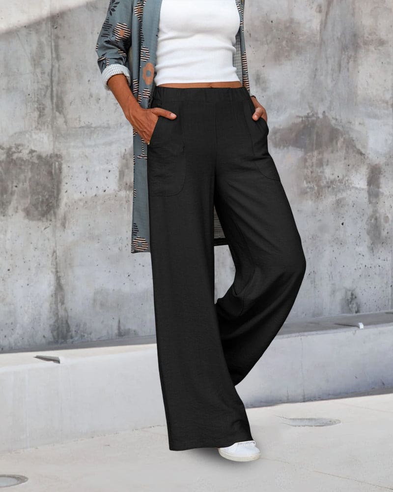 Women's soft casual wide-leg trousers with elastic waistband; relaxed fit, chic silhouette, perfect for lounging or outings.