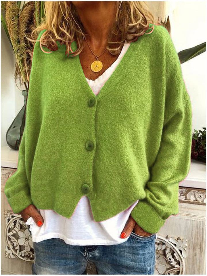 Women's soft knit cardigan, V-neck, relaxed fit, button-front, cozy breathable knit, casual elegance, perfect for layering.