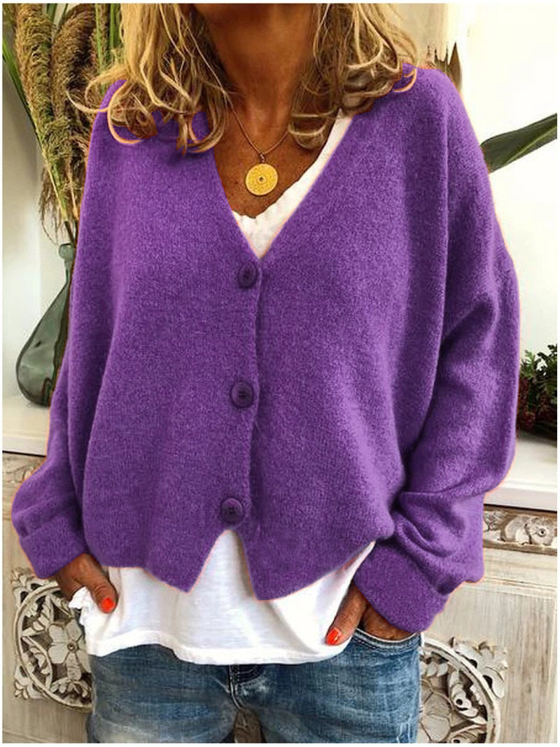 Women's soft knit cardigan, V-neck, relaxed fit, button-front, cozy breathable knit, casual elegance, perfect for layering.