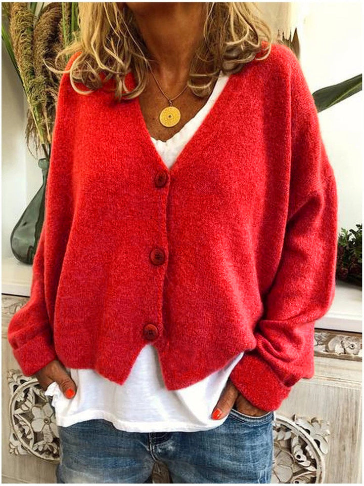 Women's soft knit cardigan, V-neck, relaxed fit, button-front, cozy breathable knit, casual elegance, perfect for layering.
