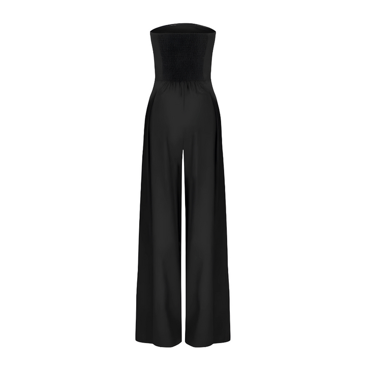 "Women's strapless cotton wide-leg jumpsuit, tailored fit, flowy silhouette, in beige, black, dark blue color options."