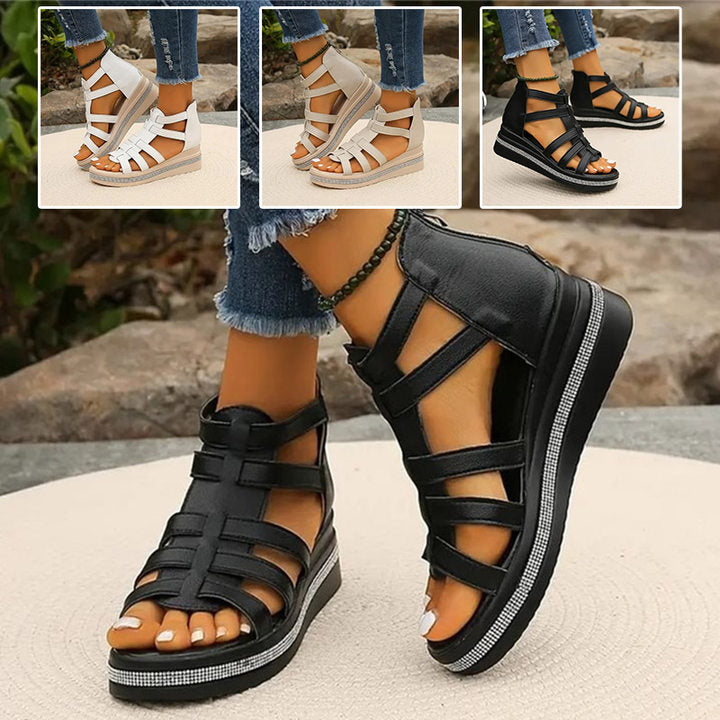 Women's strappy platform sandals with ankle coverage, bold multi-strap design, flat platform sole, back zip closure.