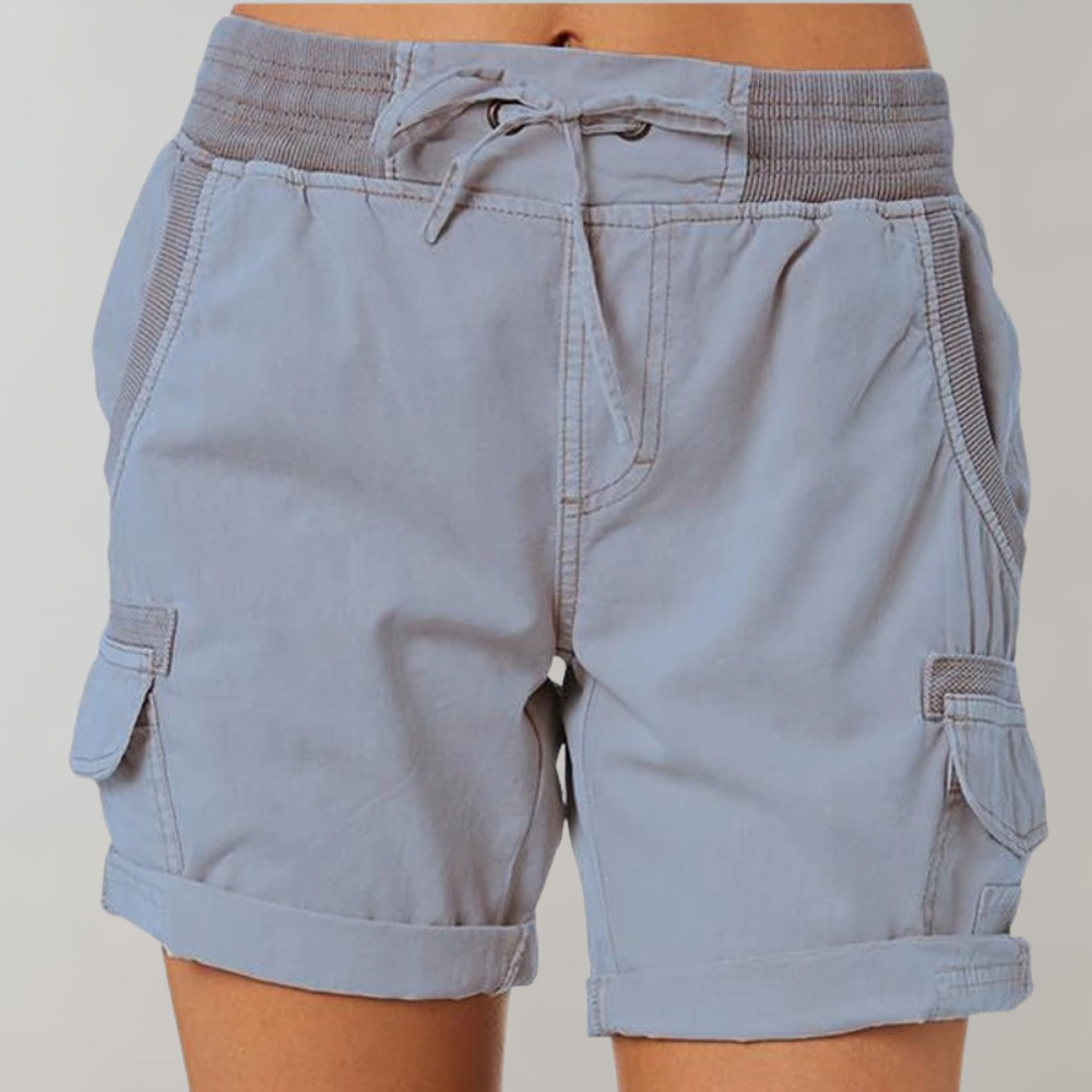Women's stylish cargo shorts in Army Green with elastic waistband, multiple pockets; perfect for casual and outdoor activitie