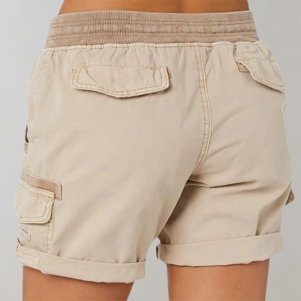 Women's stylish cargo shorts in Army Green with elastic waistband, multiple pockets; perfect for casual and outdoor activitie