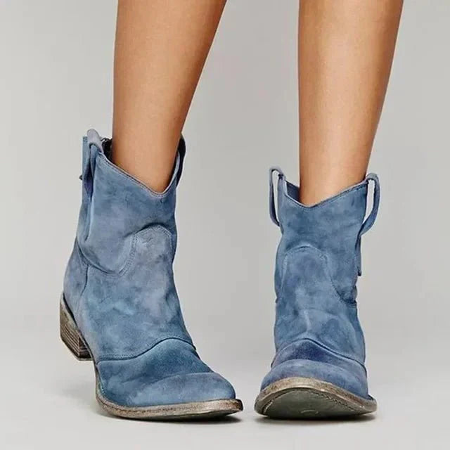 Women's Suede Western Ankle Boots with Block Heel - Lexians