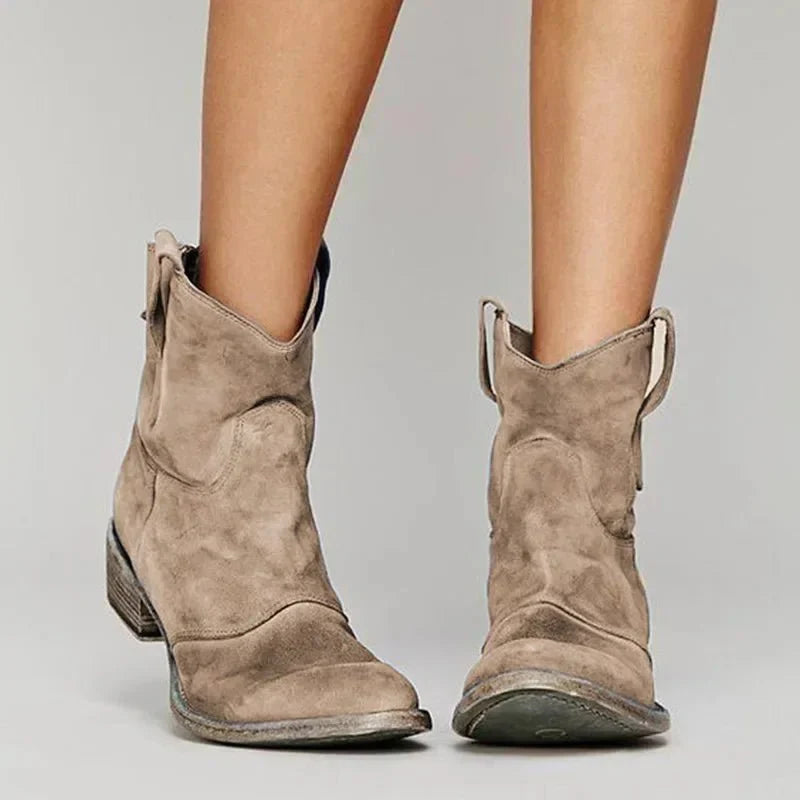 Women's Suede Western Ankle Boots with Block Heel - Lexians