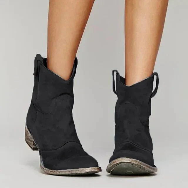 Women's Suede Western Ankle Boots with Block Heel - Lexians
