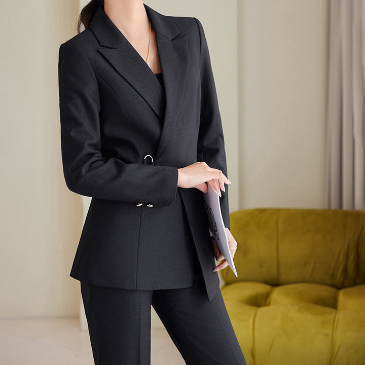 "Women's tailored blazer and trouser set; single-breasted blazer, lapel, waist pin, full-length sleek trousers."