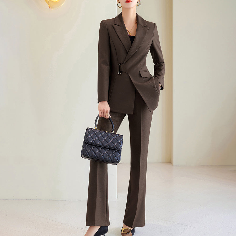 "Women's tailored blazer and trouser set; single-breasted blazer, lapel, waist pin, full-length sleek trousers."