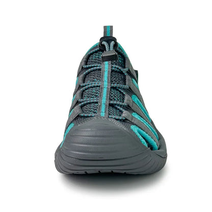 "Womens Trailport N2 Hiking Sandals green with elastic lace, closed-toe cap, mesh upper, and rubber soles for comfort."
